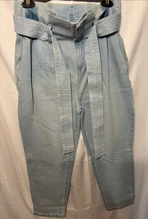 a new day Light Wash Paperbag Waist Denim Pants with Tie thumbnail 1