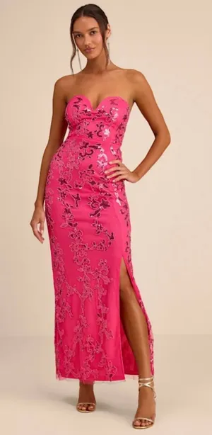 Lulu's Hot Pink Strapless Sweetheart Embroidered Maxi Dress thumbnail 1