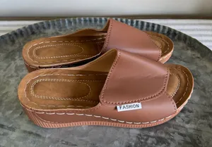Women's NEW Wedge Slip On Tan Colored Open Toe Shoe #260768 thumbnail 1