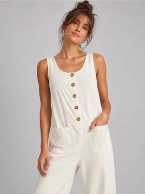 Marine Layer XS Ivory Sleeveless Button Front Wide Leg Cropped Jumpsuit Pockets thumbnail 5
