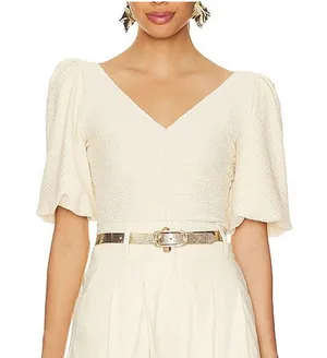 Free People Cupcake Ruched Textured Jersey Puff Sleeve V-Neck Blouse Ivory XS thumbnail 1