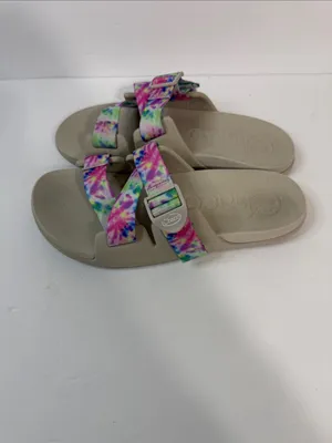 Chaco Neutral Footbed Slide Sandals with Pink, Green & Blue Tie-Dye Straps thumbnail 5