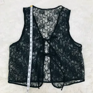 VINTAGE‎ Sheer Black Lace Tie Front Vest Top Small Goth Fairycore Grunge Y2K 90s thumbnail 7