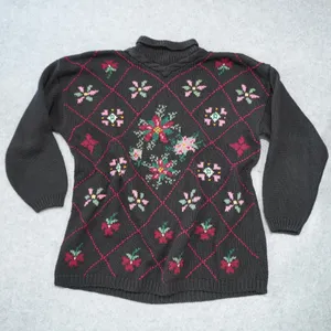Boundary Waters Vintage Chunky Knit Floral Intarsia Mock Neck Sweater XL Black thumbnail 1