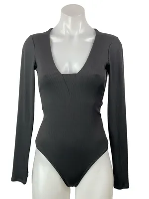 Free People FP Intimately Black Ribbed Knit Long Sleeve Thong Bodysuit Top XS thumbnail 1
