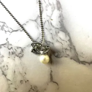 Vintage silver tone butterfly faux pearl pendant necklace thumbnail 5