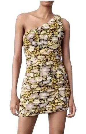 Zara Floral One Shoulder Ruched Mini Dress Size‎ M Yellow Purple Metallic NWT thumbnail 1