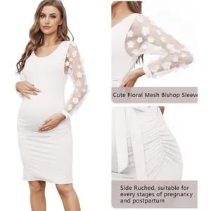 Lahilo Floral Mesh Bishop Long Sleeve Maternity Midi Dress, White XL thumbnail 2