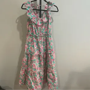 J. Crew Printed Floral Ruffled Tiered Midi Dress Pockets Green & Pink Size‎ 12 thumbnail 3
