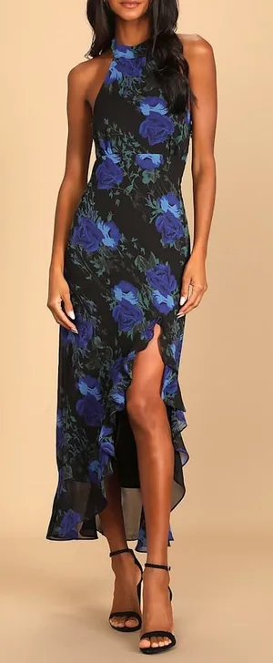 LULUS Elegant Entrance Black Floral Print Halter Maxi Dress size medium thumbnail 1