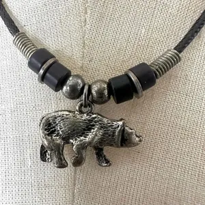 Silver tone bear pendant necklace on black cord thumbnail 3