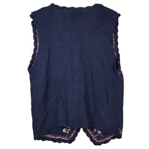 Erika‎ Vintage Navy Blue Embroidered Floral Ribbon Beaded Knit Vest Medium thumbnail 2