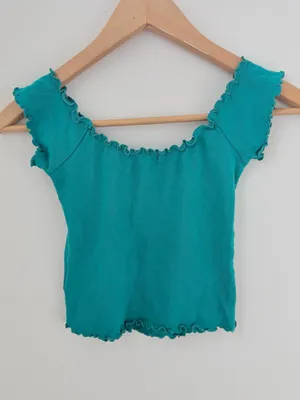 Kimchi Blue Turquoise Ruffle Trim Baby Tee Cottagecore Top thumbnail 8