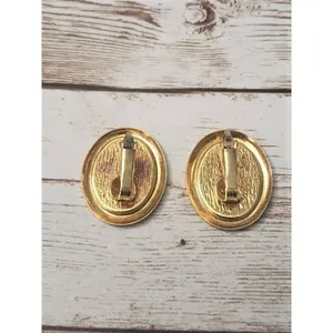 Vintage Clip On Earrings Black Oval with Gold Tone Halo 1" thumbnail 3