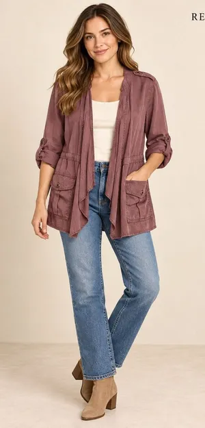 Knox Rose Mauve Utility Jacket Open Front Draped Lyocell Boho Purple Medium thumbnail 1