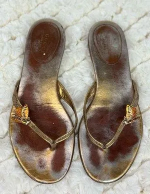 Gucci Gold and Brown Sandals with Metallic Straps thumbnail 1