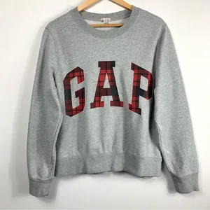 GAP Red & Black Plaid Logo Gray Crewneck Sweatshirt thumbnail 1