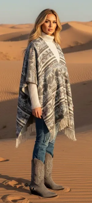 Free people Blue & Gray Western Boho Hippie Acrylic Pull Over Fringe poncho thumbnail 1