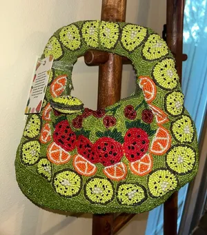 Made/Handcrafted in India Mixed Fruits Beaded Bag With Kiwi Fruits Charm thumbnail 1