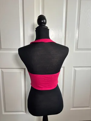 Anthropologie bright pink ribbed halter crop tank size M thumbnail 2