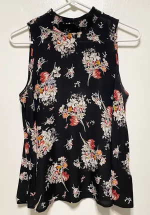 Maeve 100% Silk Sleeveless Sheer Black Floral Blouse thumbnail 1