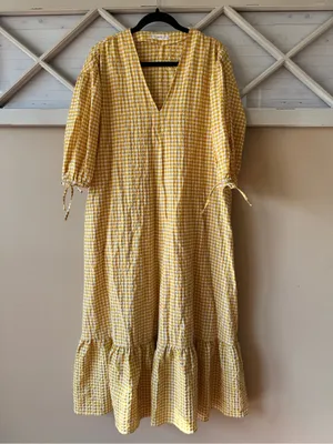 MNG‎ Womens Cotton Blend Check Print V-Neck Long Sleeve Maxi Dress Yellow Size 2 thumbnail 3