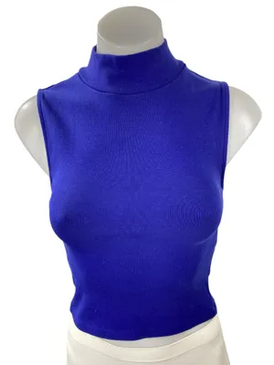 Zara Women's Royal Blue Turtleneck Sleeveless Slim Fit Crop Vest Tank Top Size S thumbnail 1