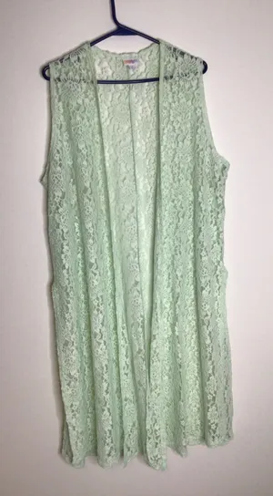 LuLaRoe Joy Lace Vest Womens L Mint Green Excellent Sheer Longline Floral Boho thumbnail 1