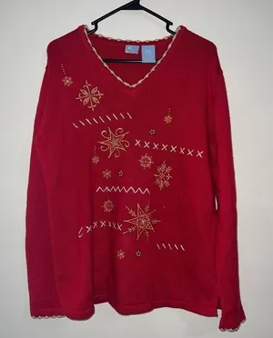Holiday Editions Red with Gold Snow Flakes Christmas Sweater Size large thumbnail 1