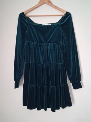 Altar'd State Velvet Green Tiered Long Sleeve Dress Holiday XS thumbnail 1