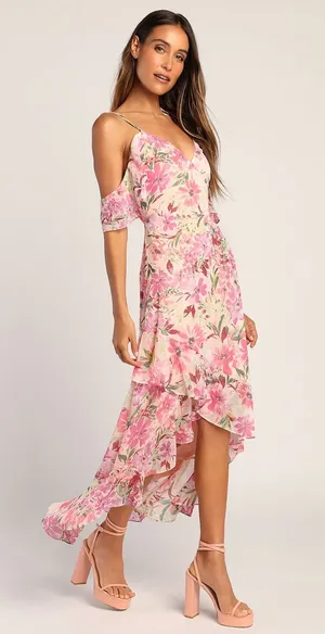 NWOT Lulus Watch Me Grow Pink Floral Print Cold-Shoulder High-Low Dress Resort M thumbnail 1