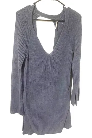 Free People Size Medium Blue Thick Knit Open Back Long Sleeve Tunic‎ Dress thumbnail 1