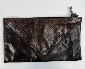 VTG M.F. Marangi Chocolate Brown Leather Snake Skin Clutch‎ Bag Purse Zip Italy thumbnail 1