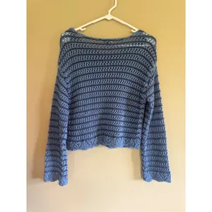 American Eagle‎ Blue Crochet Knit Striped Sweater Boho Scalloped Bell Sleeve XS thumbnail 3