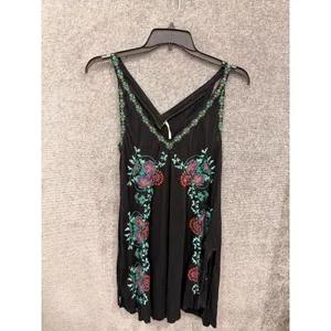 Free People Womens Mini Dress Medium Black Boho Embroidered V-Neck Sleeveless thumbnail 3