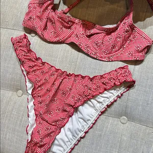 PINK By Frankies Bikinis Red Checkered Bikini Floral Bikini Top + Bottom Set thumbnail 7