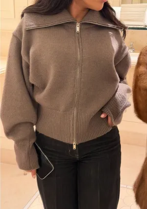 Women's Size Large Full Zip Cardigan Sweater Oversized Collar Cafe Brown Ribbed thumbnail 1