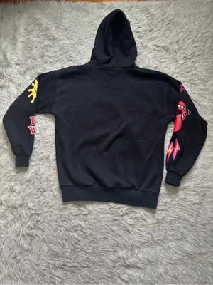 PacSun Black with Yellow, Pink & Green Graphic Unisex Pullover Hoodie Size S thumbnail 2