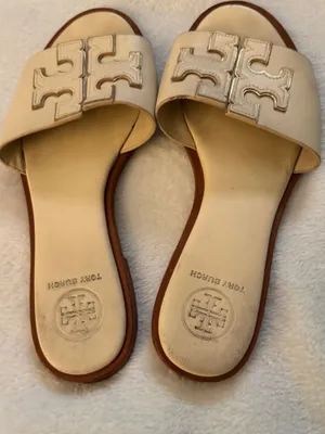 Tory Burch Cream Leather Logo Slide Sandals with Brown Trim size 5.5 thumbnail 3