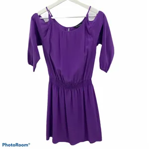 White House Black Market XS Mini Dress Silk‎ Cold Shoulder Smocked Purple thumbnail 2