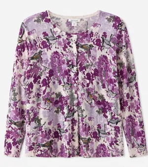 Garnet Hill Merino Wool Floral Bird Cardigan Purple Size Large thumbnail 1