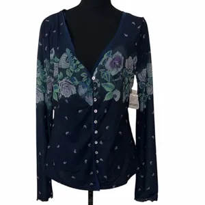 Free people Blue Floral Print Button Down Sheer/Mesh(Size Small) thumbnail 5