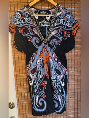 ANGIE Black Paisley Studded V Neck Boho Mini Dress Small NWT thumbnail 2