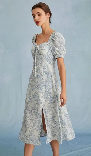 RIHOAS The Blue Sweetheart Neck Puff Sleeve Floral Midi Dress thumbnail 2