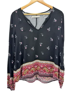 Abercrombie & Fitch Floral Boho Peasant‎ Top Black Paisley Hem Blouse Medium thumbnail 1