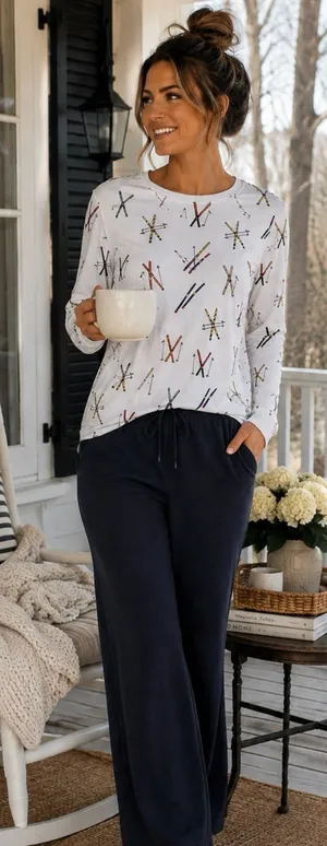 💥LAKE Pajamas Pima Cotton Long Sleeve Ski Print Pajama Top (ONLY) White Sz S💛 thumbnail 1