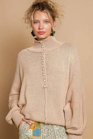 POL Pearl Detail Oversized Chunky Knit Turtleneck Long‎ Sleeve Sweater thumbnail 1