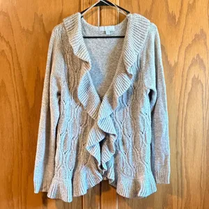 Carolyn Taylor Womens Large Beige Cable Knit Ruffle Shawl Collar Cardigan thumbnail 2