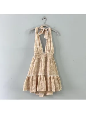 NWT Mon Renn Havana Crochet Print Tan Linen‎ Halter Mini Dress thumbnail 2