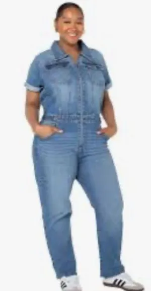 Celebrity Pink Light Blue Denim Short-Sleeve Jumpsuit thumbnail 1